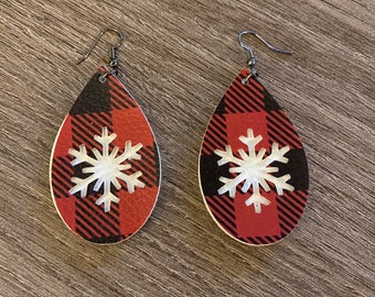 Snowflake Dangle Earrings, Buffalo Plaid Earrings, Faux Leather Earrings, Dangle Earrings, Snowflake Earrings, Red Plaid Earrings