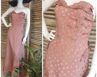 vintage, długa satynowa sukienka bez ramiączek, lata 70-te