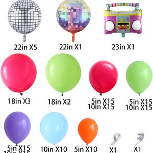 May include: A set of party balloons in various sizes and colors, including silver disco ball balloons, green, pink, and blue balloons, and a large boombox balloon. The balloons are arranged on a white background. The text on the image reads: "22in X5", "22in X1", "23in X1", "18in X3", "18in X2", "5in X15 10in X15", "5in X15 10in X15", "5in X15 10in X15", "10in X10", "5in X10", "X1", "X1".