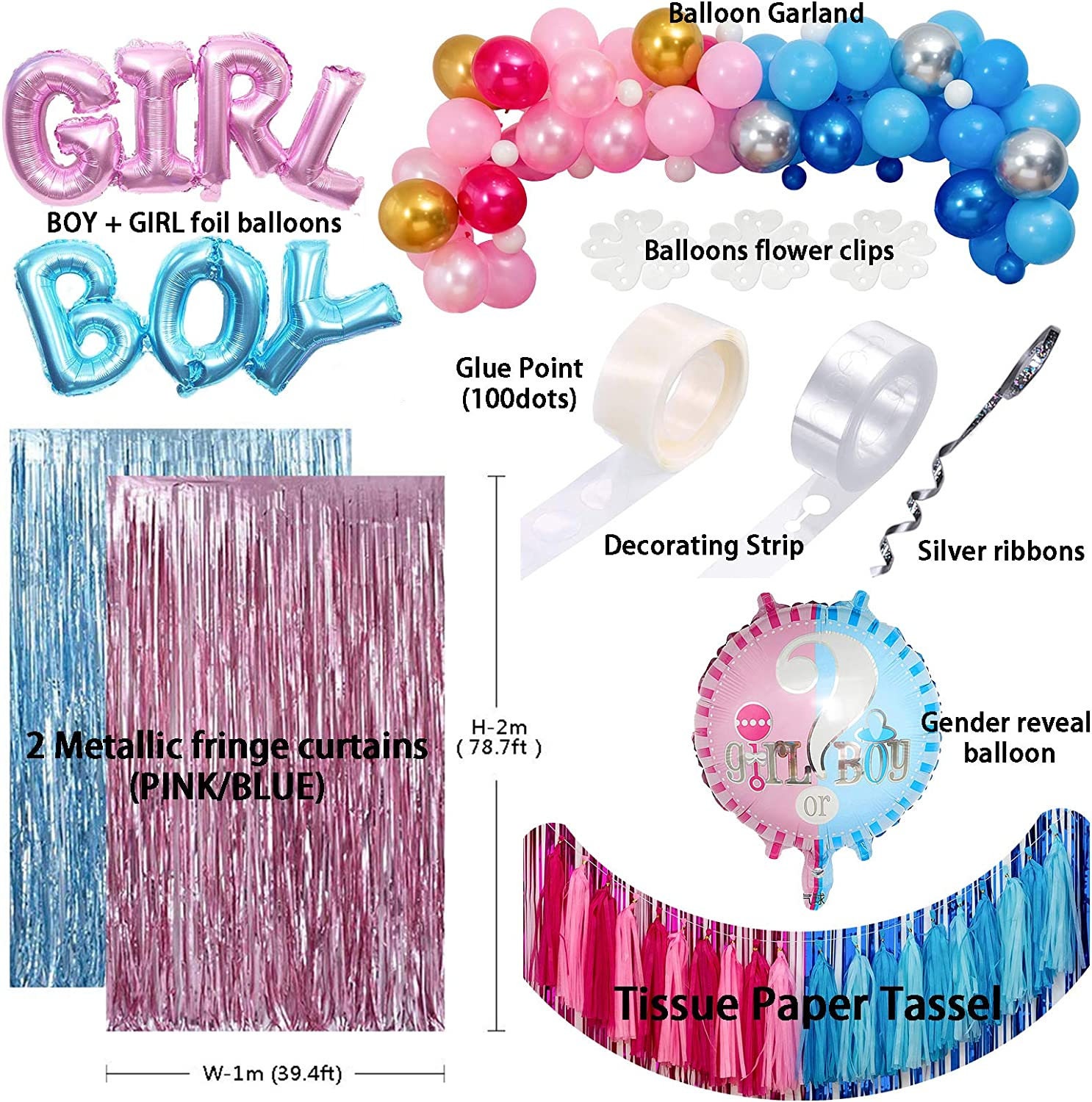 Baby Gender Reveal Party Decorations Kit - 41 Pcs, Balloons, Foil Curtains, Cupcake Toppers - View #3