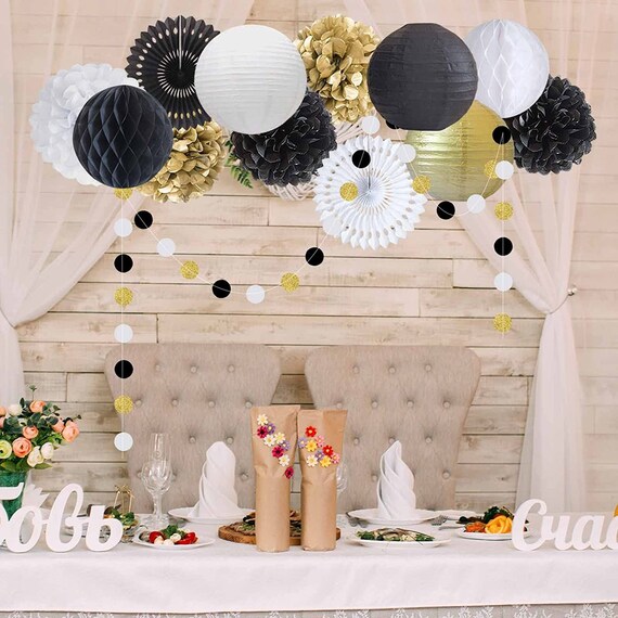 Black, Gold and White Party Decorations Set, Paper Fans, Lanterns, Pom  Poms, Polka Dot Garland, Hanging Wall Decor 