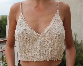 Iron summer top, triangle, knitted SUMMER boho top, handmade, diy, cotton, 100% cotton, beige, cream, handmade