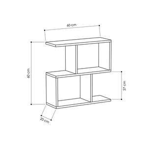 May include: A white, open shelf unit with three shelves. The unit is 60 inches wide, 27 inches tall, and 20 inches deep.
