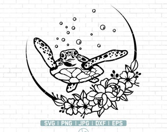 May include: Black and white illustration of a sea turtle swimming in a circle with flowers around the edge. The turtle has a shell with a pattern and is surrounded by bubbles.