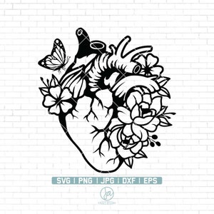 Cardiologie SVG | Cœur anatomique avec fleurs SVG | Cœur floral Svg | Anatomical Heart Svg Cut Files pour Cricut | Png Dxf Jpg Eps