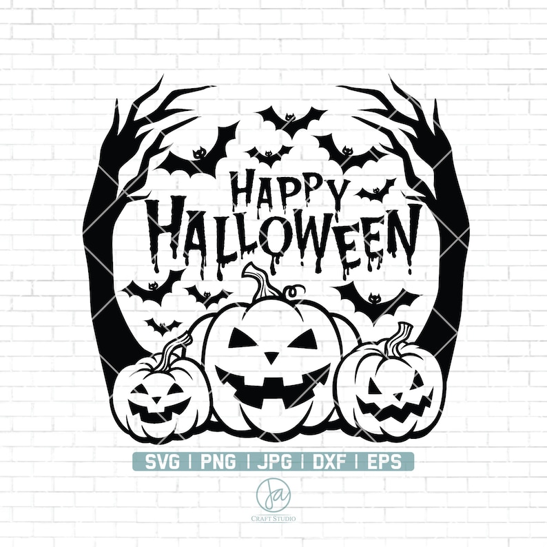 May include: Black and white illustration of three jack-o'-lantern pumpkins with dripping eyes and mouths. The pumpkins are surrounded by bats and the text "Happy Halloween".