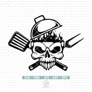 May include: Black and white illustration of a skull with a grill lid on top. The skull is crossed with a spatula and a fork.