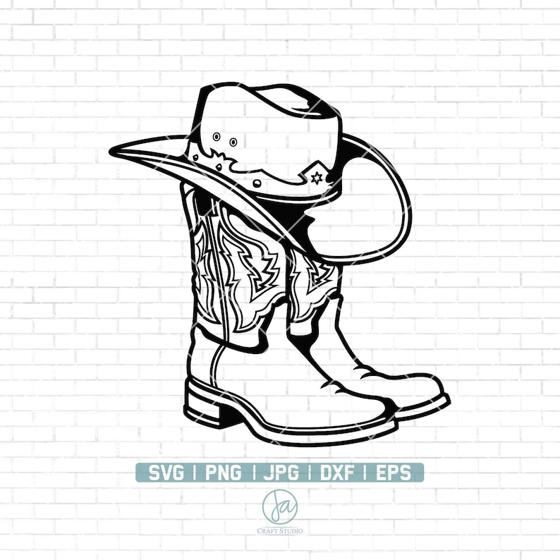 May include: Black and white line art illustration of a cowboy hat and boots. The hat is on top of the boots, with the brim of the hat extending over the top of the boots.