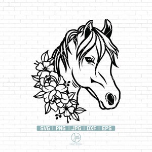 Pferdesvg | Blumenpferd Svg | Pferd mit Blumen Svg | Pferde Schneidedatei | Animal Face Svg | Pferd Svg Cut Dateien für Cricut | Png Dxf Eps Jpg