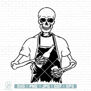 May include: A black and white illustration of a skeleton wearing an apron and holding a bottle of wine.