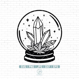 May include: Black and white line art illustration of a crystal inside a snow globe. The crystal is surrounded by marijuana leaves. The snow globe is on a base with a circle design.