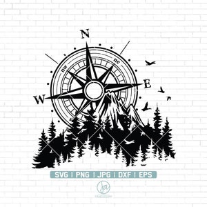 Brújula y montañas svg / Brújula y bosque svg / Naturaleza Svg / Aventura espera svg / Brújula Svg Archivos para Cricut / Png Dxf Jpg Eps