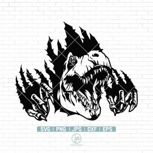 May include: Black and white silhouette of a dinosaur head breaking through a wall with its claws outstretched.