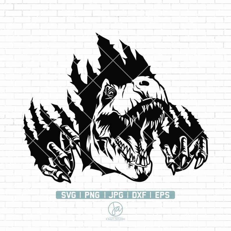 May include: Black and white silhouette of a dinosaur head breaking through a wall with its claws outstretched.