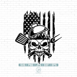 May include: Black and white illustration of a skull wearing a chef's hat and crossed grilling utensils. The skull is set against a distressed American flag background.