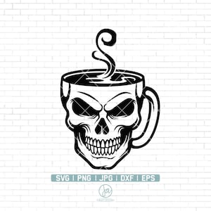 May include: Black and white illustration of a skull shaped coffee mug with steam rising from the top.