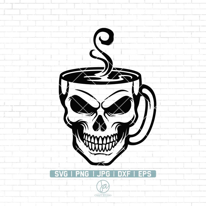May include: Black and white illustration of a skull shaped coffee mug with steam rising from the top.