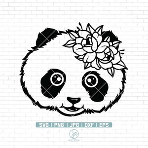 May include: Black and white line art illustration of a panda bear with a flower crown. The panda has large, round eyes and a cute, smiling expression.