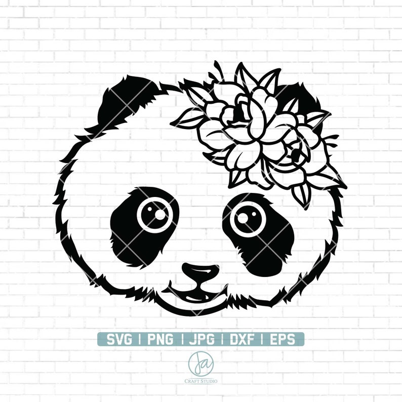 May include: Black and white line art illustration of a panda bear with a flower crown. The panda has large, round eyes and a cute, smiling expression.