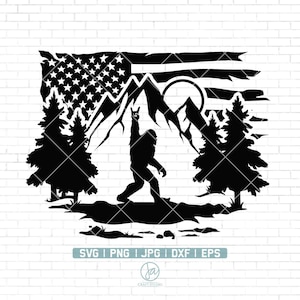 May include: Black and white silhouette of a Bigfoot standing in front of a mountain range with a distressed American flag in the background. The Bigfoot is raising its right hand in the air.