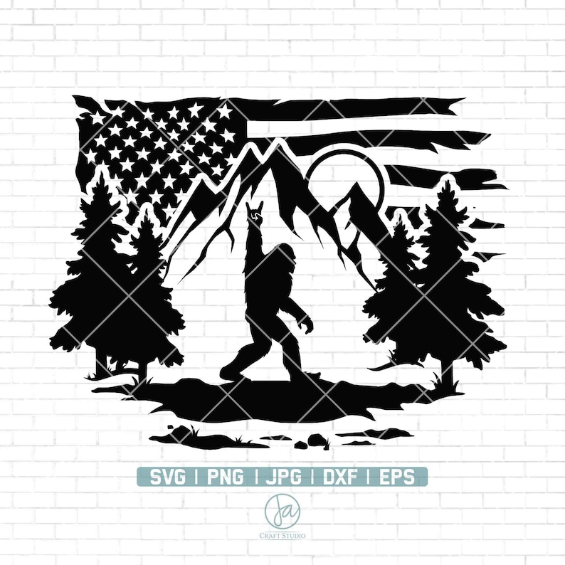May include: Black and white silhouette of a Bigfoot standing in front of a mountain range with a distressed American flag in the background. The Bigfoot is raising its right hand in the air.