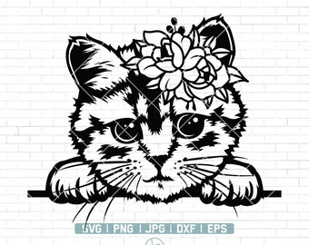 Cute Cat SVG | Floral Cat Svg | Cat Svg | Cat Clipart | Peeking face animal vector | Cute Cat Svg Cut Files for Cricut | Png Dxf Jpg Eps