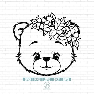 Floral Bear svg | Cute Bear Svg | Floral Animal svg | Baby Bear Svg | Bear with flower crown svg | Cute Bear Svg Files for Cricut | Png Dxf