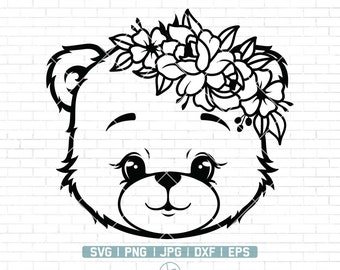 Floral Bear svg | Cute Bear Svg | Floral Animal svg | Baby Bear Svg | Bear with flower crown svg | Cute Bear Svg Files for Cricut | Png Dxf
