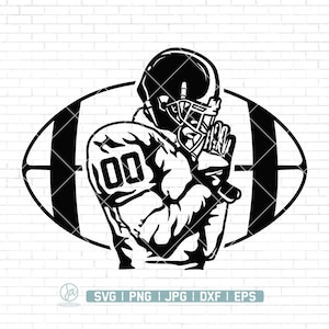 May include: A black and white illustration of an American football player wearing a helmet, with the number 00 on the jersey, set against a football shape. The image includes the text "SVG | PNG | JPG | DXF | EPS".