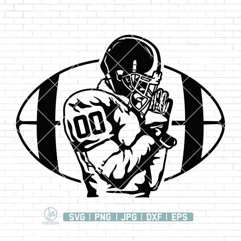 May include: A black and white illustration of an American football player wearing a helmet, with the number 00 on the jersey, set against a football shape. The image includes the text "SVG | PNG | JPG | DXF | EPS".