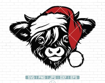 Könnte beinhalten: Schwarz-weiß-Illustration einer schottischen Hochlandkuh, die einen roten Weihnachtsmann-Hut mit weißem Bommel trägt.