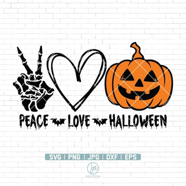Peace Love Halloween SVG | Skeleton Hand Svg | Pumpkin SVG | Funny Halloween Shirt SVG | Qutes | Sublimation Designs | Clipart | Png Dxf Eps