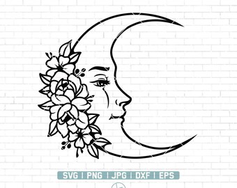 May include: Black and white line art illustration of a crescent moon with a woman's face and floral details. The moon is facing the right side of the image.
