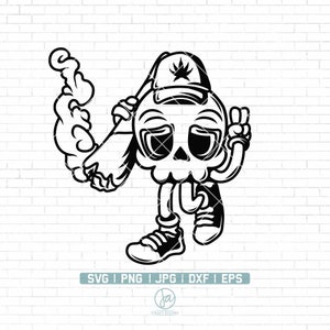 May include: Black and white illustration of a cartoon skull wearing a baseball cap with a marijuana leaf design. The skull is holding a joint and giving the peace sign.