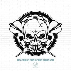 May include: Black and white illustration of a skull with a dartboard behind it. Two darts are crossed in front of the skull. The darts have fletching and points. The skull has a cracked appearance. The dartboard has a bullseye in the center.