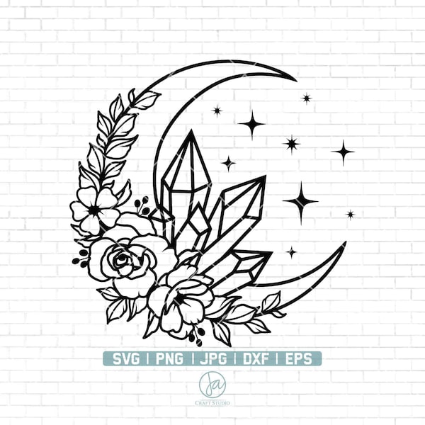 Magic Crystals SVG | Crystal Moon Flowers SVG | Crystal Cut File | Crystal Flowers SVG File | Crystal Floral svg | Floral Cut File | Png Dxf