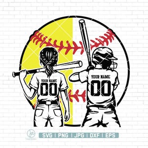 Op de afbeelding: Zwart-witte silhouet van twee softbalspelers die shirts dragen met de tekst "YOUR NAME" en het nummer "00". De spelers staan voor een softbal met rode naden.