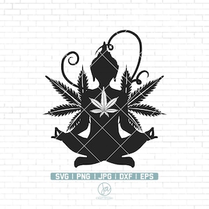 May include: Black silhouette of a person meditating in a lotus position with a cannabis leaf in their chest. The person is surrounded by cannabis leaves.