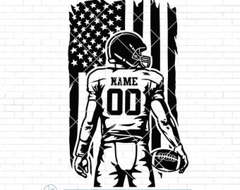 May include: Black and white silhouette of a football player standing in front of an American flag. The player is wearing a jersey with the text "NAME" and the number "00".