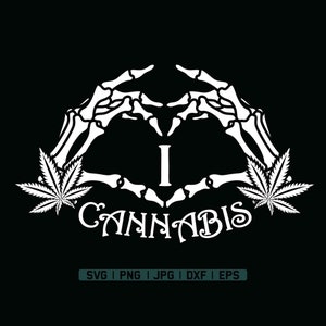 Puede incluir: Dos manos esqueléticas blancas formando un corazón con la palabra "I" en el centro y la palabra "CANNABIS" debajo. Dos hojas de marihuana están a cada lado del corazón.