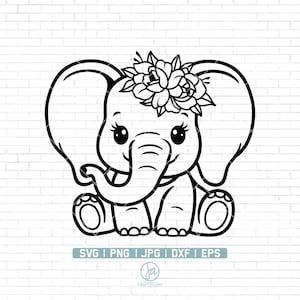 Baby Elefant SVG | Niedliche Elefanten-Svg | Baby Junge | Baby Mädchen Schnittdatei | Elefant Babyparty | Blumen Elefanten-Svg | Kawaii Tier | Png Dxf