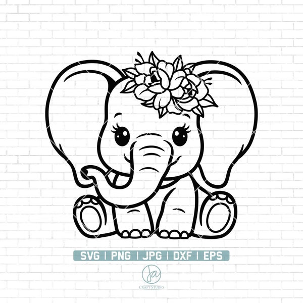 Baby Elephant SVG | Cute Elephant Svg | Baby Boy | baby girl cut file | Elephant Baby Shower | Floral Elephant Svg | Kawaii Animal | Png Dxf