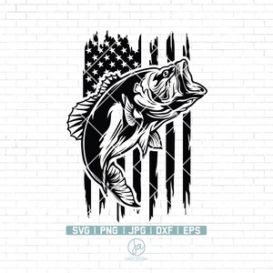 May include: Black and white illustration of a bass fish jumping out of the water in front of a distressed American flag.