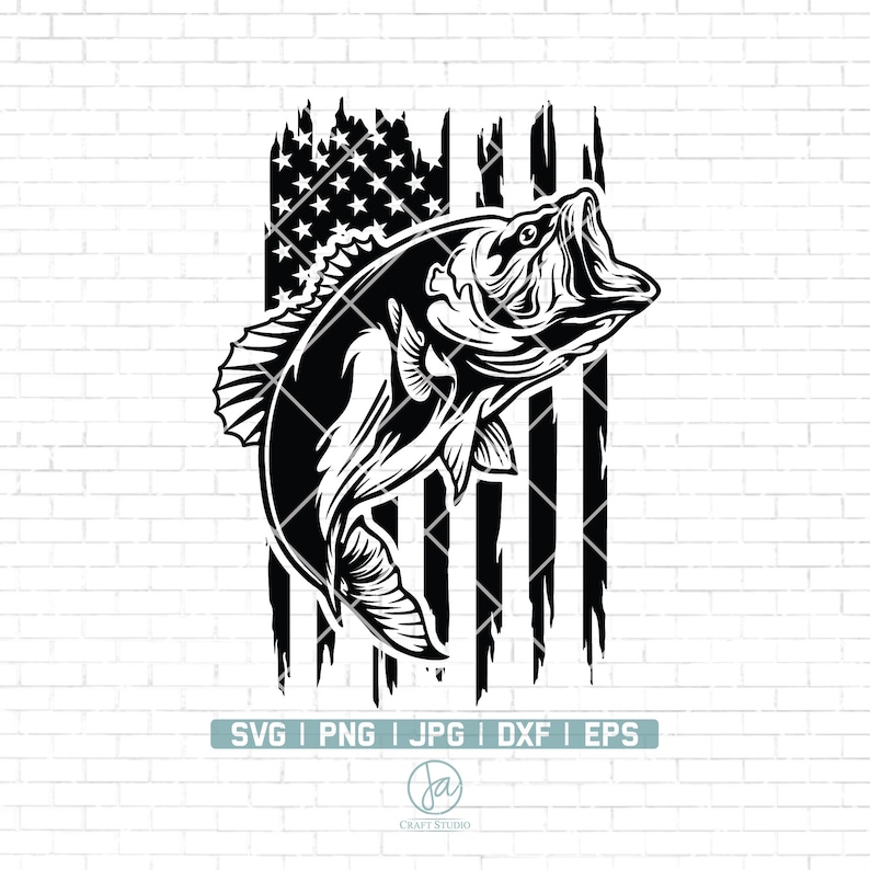 May include: Black and white illustration of a bass fish jumping out of the water in front of a distressed American flag.