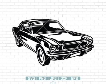 May include: Black and white silhouette of a classic American muscle car. The car is facing the viewer and has a sleek, sporty design.