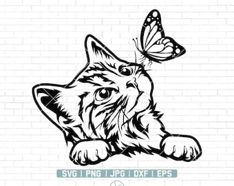 Gato fofo SVG | Clipart de gatinho curioso | Gato Svg | Gato com Borboleta Svg | Espiando o rosto Svg | Arquivos de corte Svg de gato fofo para Cricut | Png Dxf