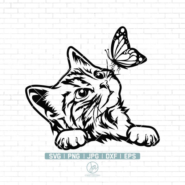 Cute Cat SVG | Curious Kitten Clipart | Cat Svg | Cat with Butterfly Svg | Peeking face Svg | Cute Cat Svg Cut Files for Cricut | Png Dxf