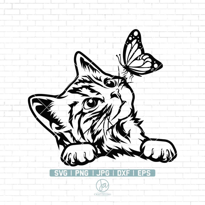 May include: Black and white line art illustration of a kitten looking up at a butterfly. The kitten is lying on its stomach with its paws outstretched. The butterfly is flying above the kitten's head.