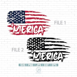 May include: Two digital files for a distressed American flag with the word 'MERICA' in a bold, stylized font. The top file features a red, white, and blue flag, while the bottom file features a black and white flag.