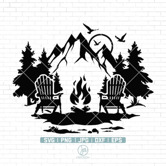 Lake Scene Chairs Dock Svg | Adirondack Chairs Svg | Mountain Scene Svg | Forest Camp Svg | Camping Svg | Camping Shirt | Clipart | Png Dxf